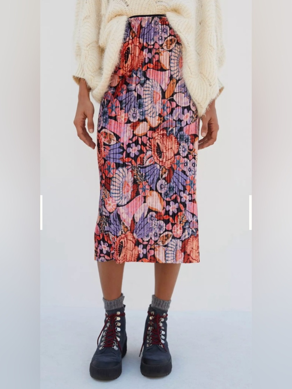 Maeve Tilda Multicolor Floral Pleated Midi Skirt Pull On Elastic Waist Stretch S